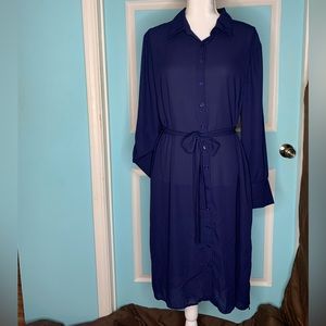 LuLaRoe Blue Button Up Long Sleeve or 3/4 Sleeve w/belt Large 44 in long